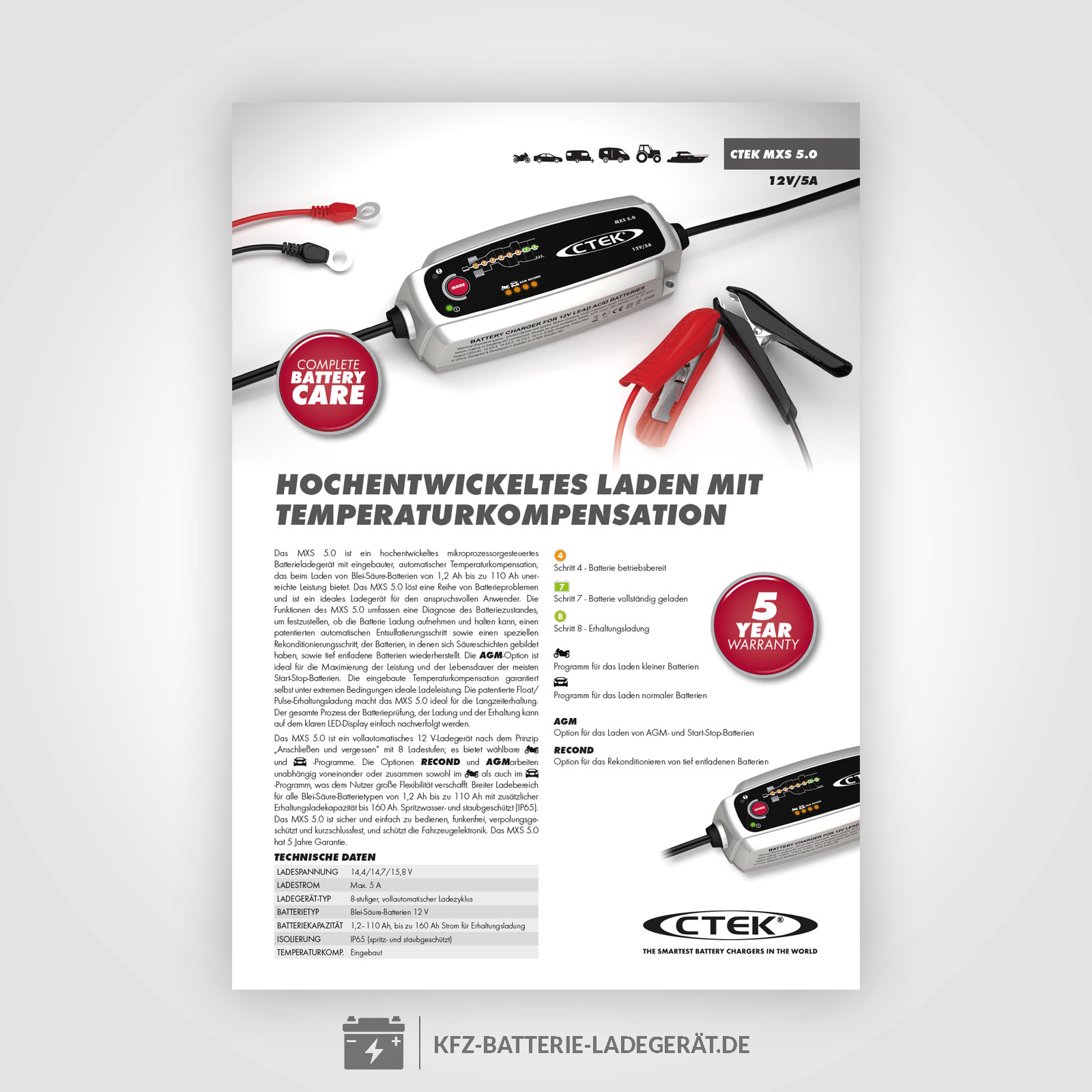 CTEK MXS 5.0 Batterieladegerät 12 V 5,0 A intelligentes Ladegerät für Auto  / Motorrad 56-305